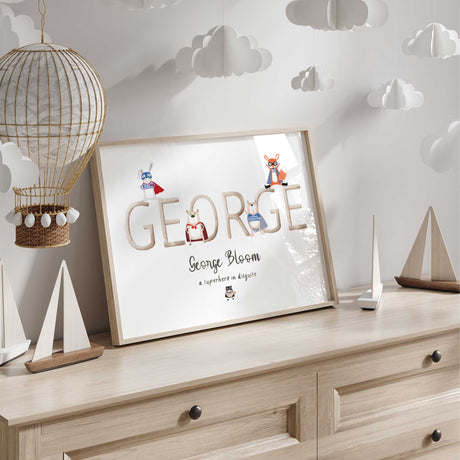 Cute superhero animal characters on personalised name print