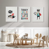 Three piece kids superhero wall art set with bold motivational centre quote and matching characters