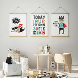 Matching superhero themed kids room décor prints designed as a cohesive set