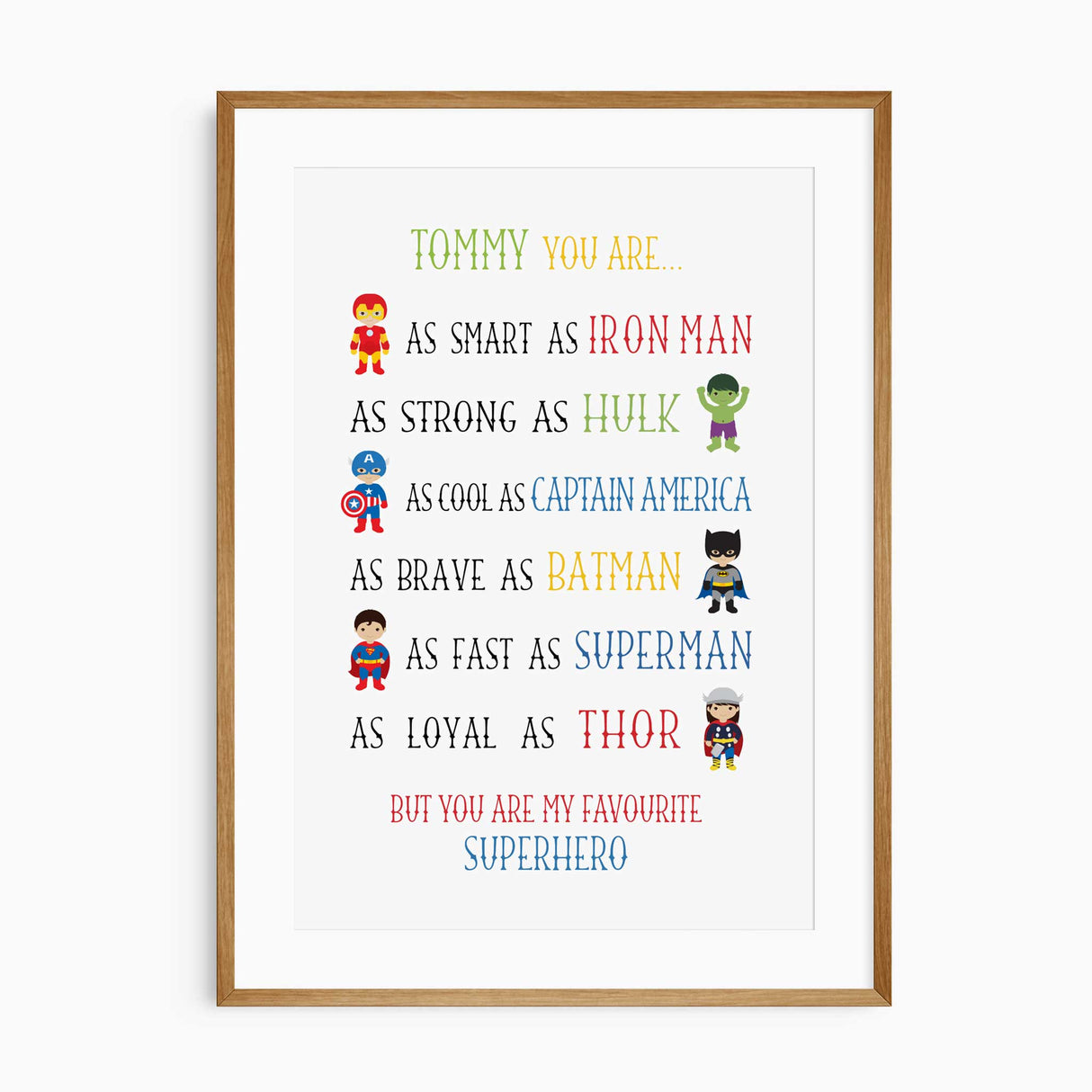 Personalised superhero wall art print for boys room