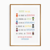 Personalised superhero wall art print for boys room