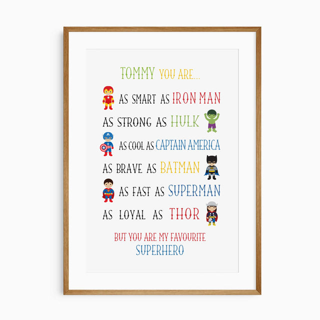 Personalised superhero wall art print for boys room