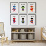 Set of six superhero affirmation prints shown with the darker character skin-tone option for a childs bedroom