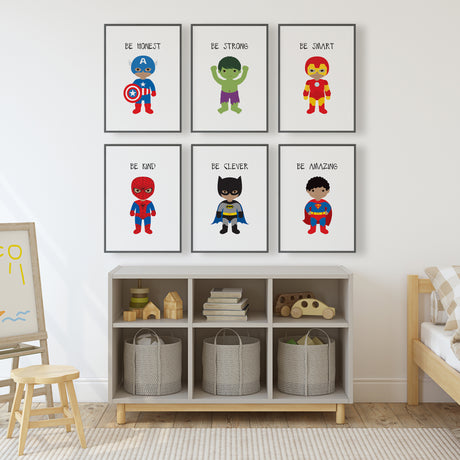 Set of six superhero affirmation prints shown with the darker character skin-tone option for a childs bedroom