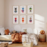 Set of six colourful superhero prints with illustrated heroes and positive messages for a boys bedroom