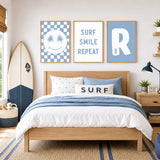 Surf themed boys room decor with smiley face coastal prints and custom name artwork