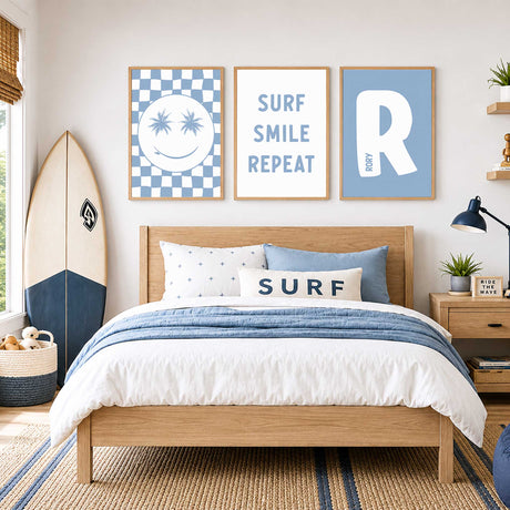 Surf themed boys room decor with smiley face coastal prints and custom name artwork