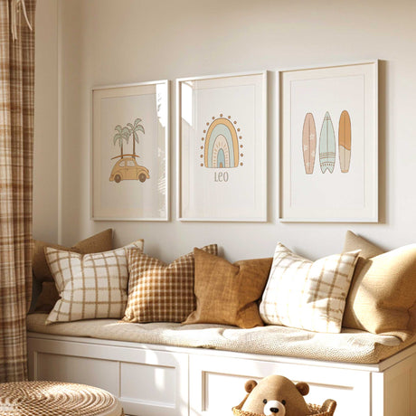Set of 3 boho beach-themed nursery prints featuring surfboards, a rainbow, and a vintage car
