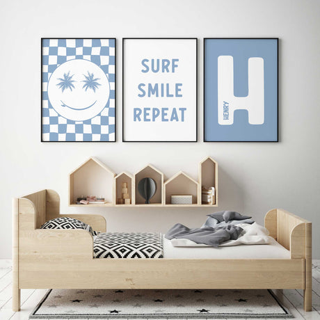 Blue surf wall art for boys room with personalised name print and coastal designs