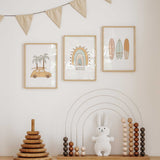 Three surf wall art prints showing a beach car with palm trees, a rainbow named personalised and pastel patterned surfboards.