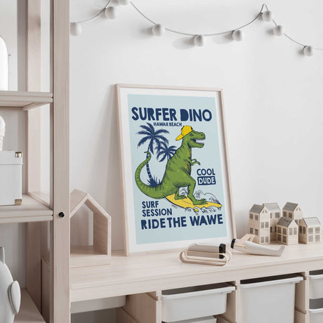 Colourful surfer dinosaur riding a wave, shown with a white border in the wall art design