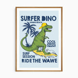 Colourful surfing dinosaur in a yellow cap riding a wave, with a clean white border around the print