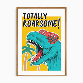 Totally Roarsome dinosaur print with a turquoise T-Rex in red sunglasses, palm trees and a bright yellow background.