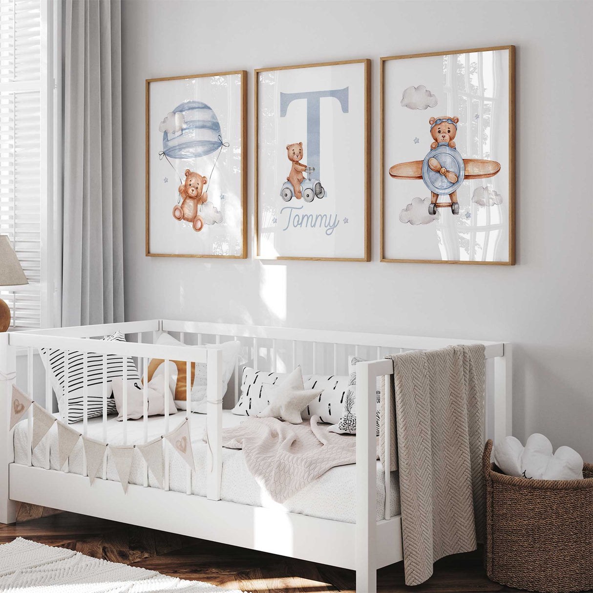 Teddy bear flying an airplane nursery wall art print