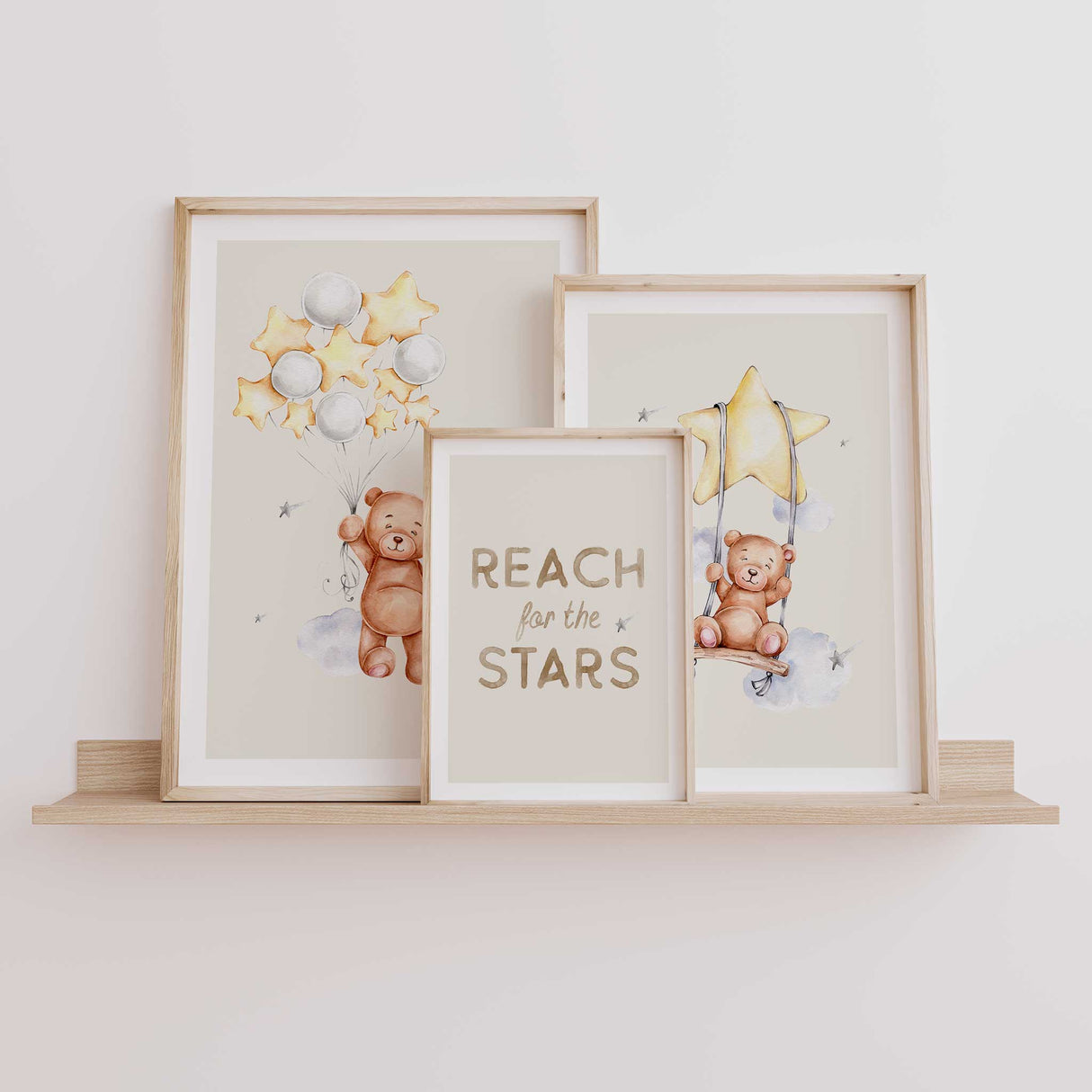 Teddy bear baby room wall art set in soft neutral tones