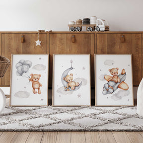 Watercolour teddy bear floating with balloons baby boy nursery wall art print