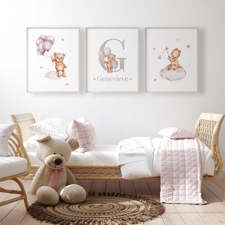 Teddy bear balloon nursery wall art with soft pink details for a baby room