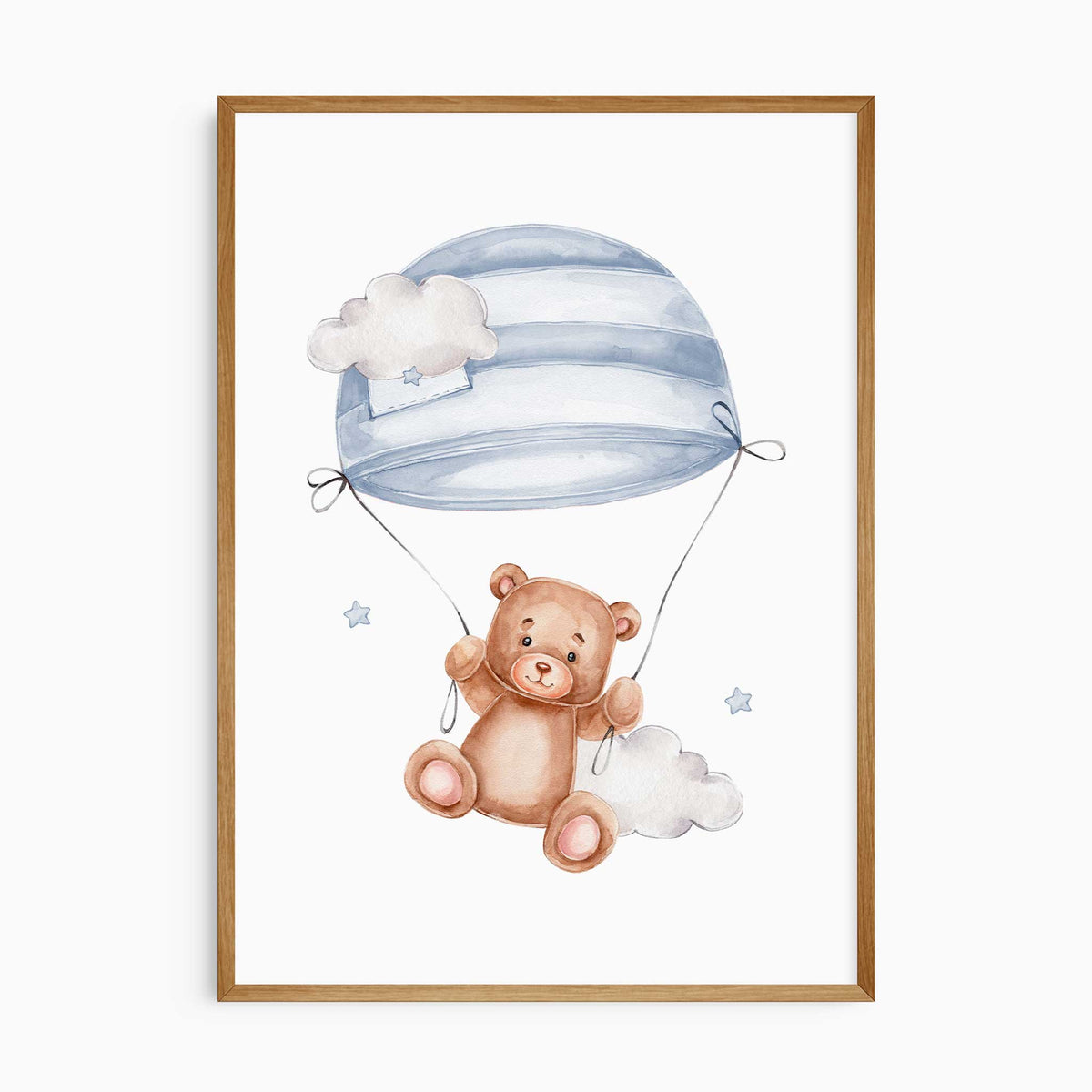Watercolour teddy bear floating beneath a blue striped parachute with clouds and stars on a white background