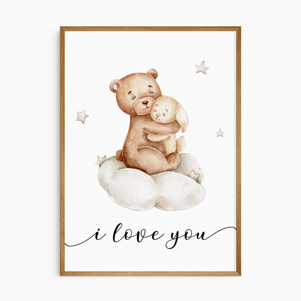 Watercolour teddy bear hugging a cream bunny on a cloud, surrounded by stars, with the words “I love you”.
