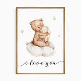 Watercolour teddy bear hugging a cream bunny on a cloud, surrounded by stars, with the words “I love you”.