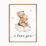 Sweet teddy bear hugging a bunny on a cloud with stars, soft neutral nursery wall art print with “I love you” text.