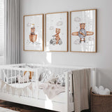 Teddy bear driving a car nursery print, playful kids wall art in warm neutral colours