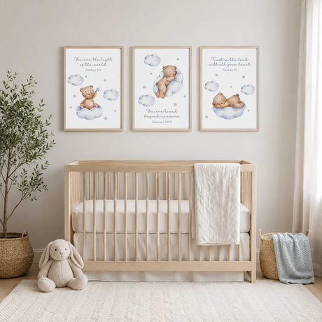 Three coordinating Christian nursery prints combining watercolour teddy bears with clouds and reassuring messages