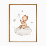 Teddy bear sitting on a cloud and holding hanging stars in warm beige and soft grey tones