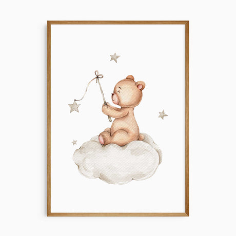 Teddy bear sitting on a cloud and holding hanging stars in warm beige and soft grey tones