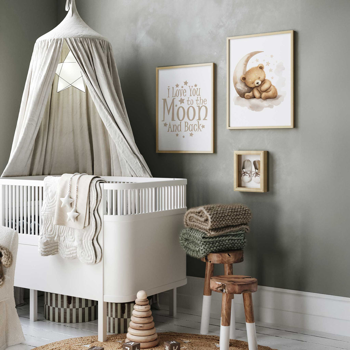 Adorable teddy bear nursery print with moon and stars, perfect for neutral baby room decor and bedtime wall art.