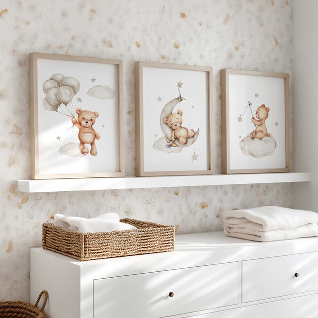 set of three teddy bear nursery prints with balloons moon and stars in neutral baby room decor