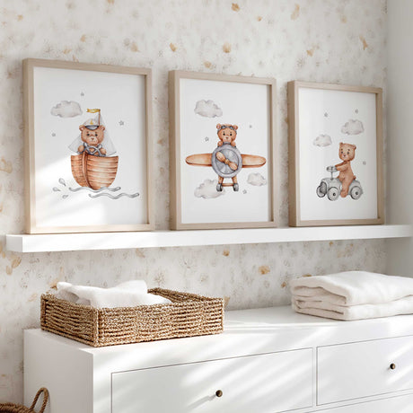 Set of 3 teddy bear nursery prints with car, aeroplane and sailing boat designs for a baby boy’s room