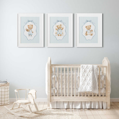 Teddy bear nursery wall art set in soft blue with striped background for a baby boy room