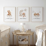 Three teddy bear nursery prints with pale clouds, a crescent moon, scattered stars and “I love you more than I can bear”.
