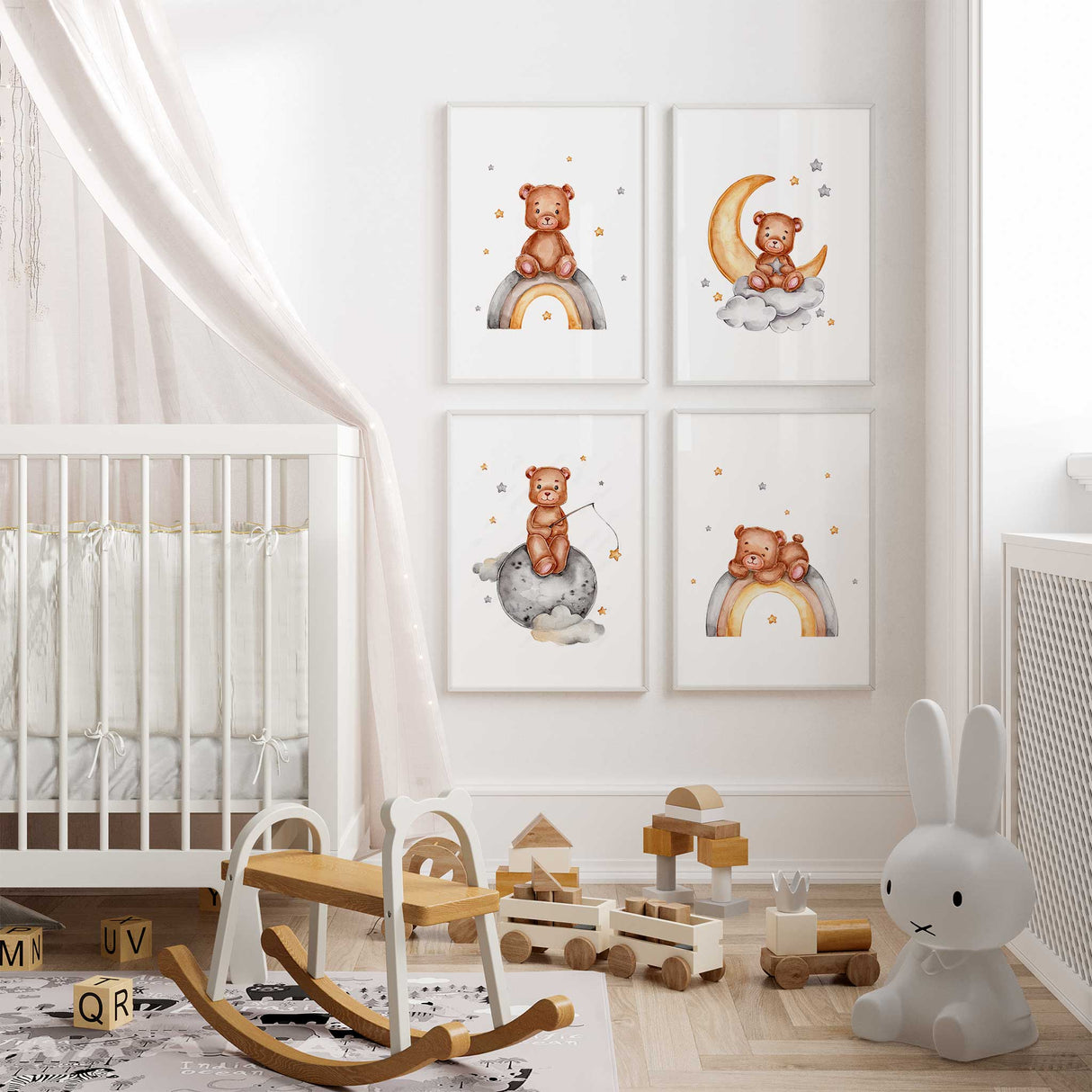 Teddy bear nursery wall art set of 4 with moon stars rainbow and planet prints
