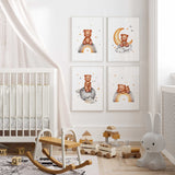 Teddy bear nursery wall art set of 4 with moon stars rainbow and planet prints
