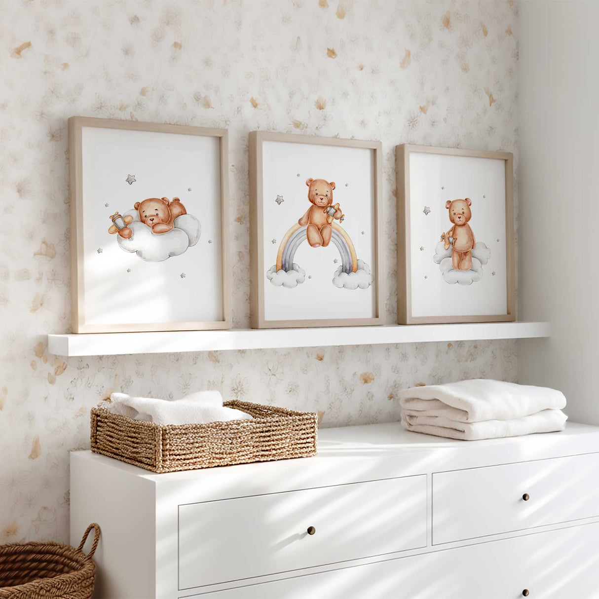 Teddy bear nursery wall art with soft cloud and star illustration
