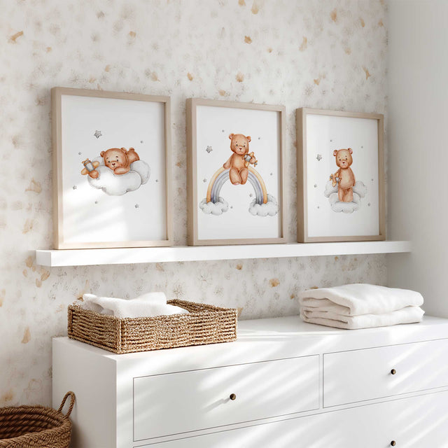 Teddy bear nursery wall art with soft cloud and star illustration