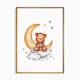 Watercolour teddy bear sitting on the moon nursery wall art with stars