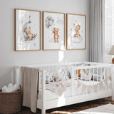 Teddy bear holding a toy plane on a crescent moon nursery wall art print for boys bedroom decor