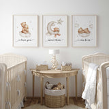 Adorable teddy bear quote print set with the phrase “I love you more than I can bear,” perfect for baby nursery or kids bedroom décor.
