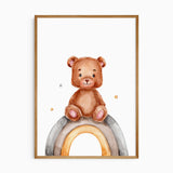 Watercolour teddy bear sitting on rainbow nursery wall art print