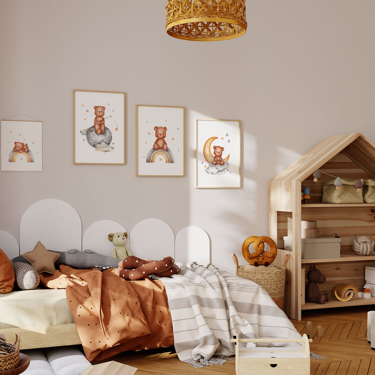 Teddy bear on rainbow nursery print in neutral tones with small stars space themed