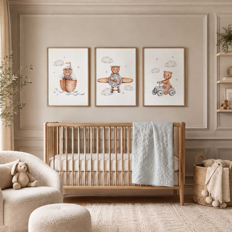 Teddy bear wall art set displayed in a soft grey boys nursery with car, plane and boat prints