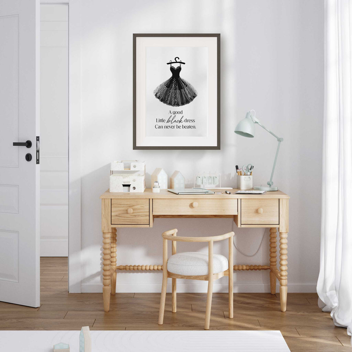 Teen girl fashion wall art with a sparkling little black dress in a chic black and white design