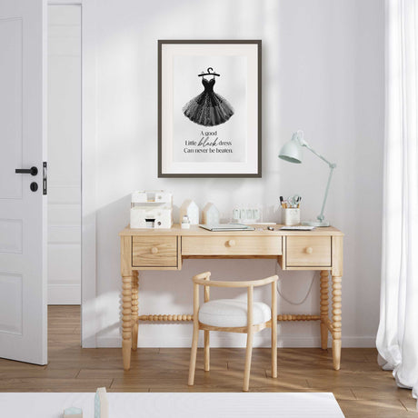 Teen girl fashion wall art with a sparkling little black dress in a chic black and white design