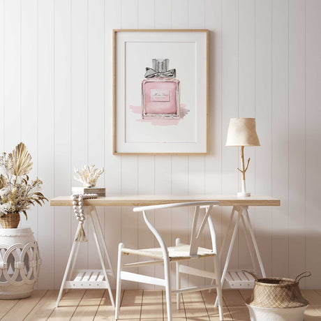 Watercolour style perfume bottle print with delicate pink tones for stylish spaces