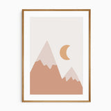 Terracotta mountain print with pale peaks and an ochre crescent moon on a light background, from a set of three.