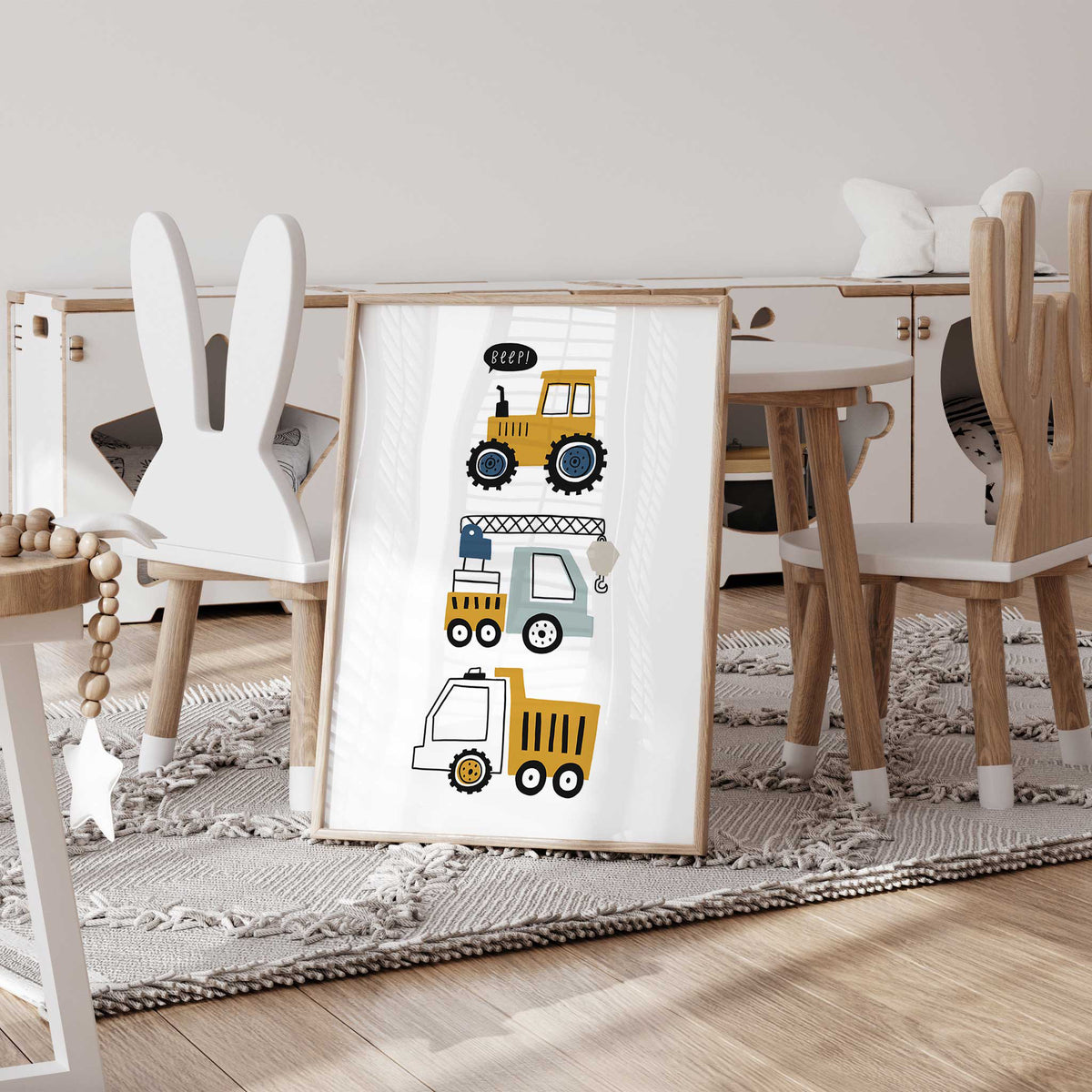 Portrait construction print showing three cartoon vehicles: a tractor, crane truck and dump truck on a white background.