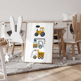 Portrait construction print showing three cartoon vehicles: a tractor, crane truck and dump truck on a white background.